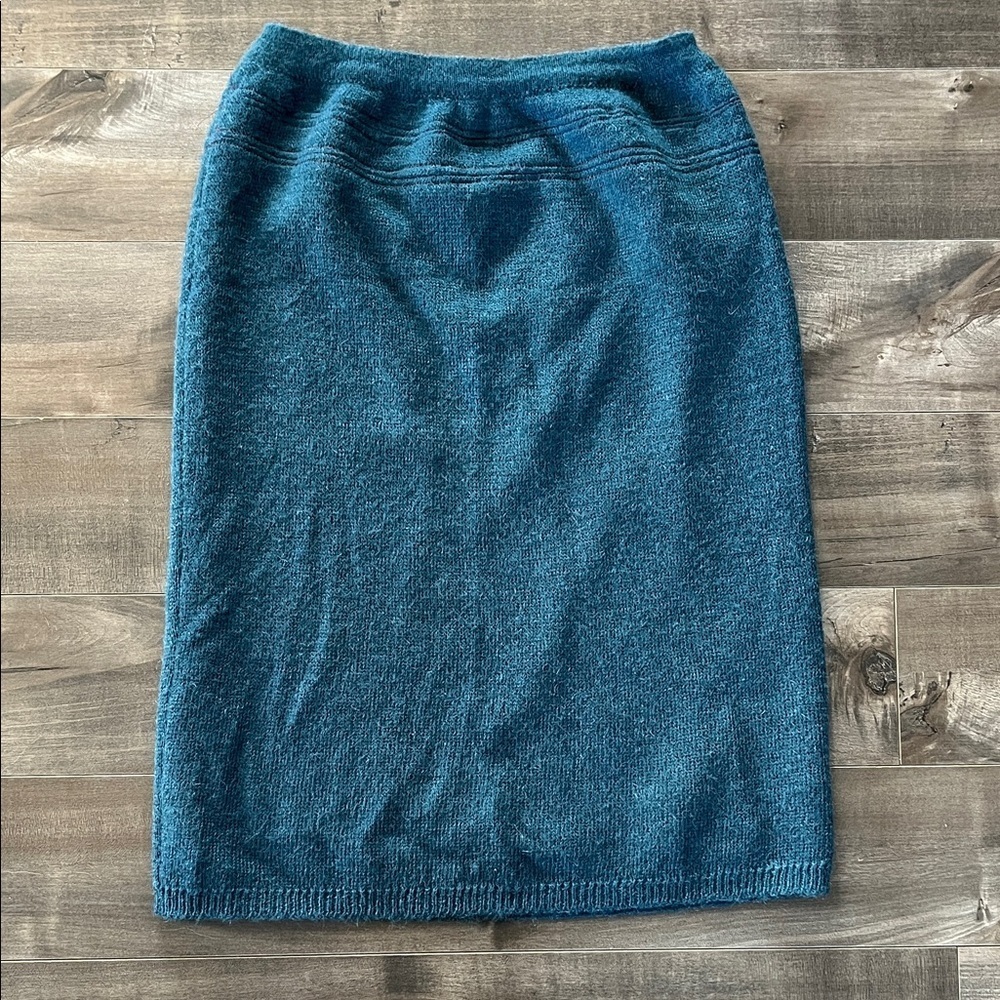 Vintage Mohair Wool Pencil Skirt Blue Teal Spain 80s 90s Lined Cozy Soft
